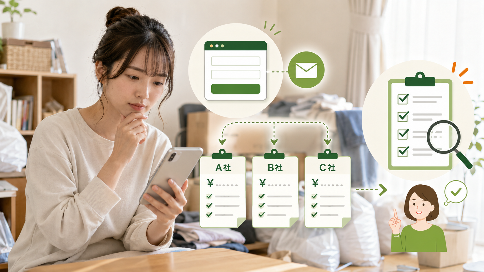 ゴミ屋敷お悩み相談所の一括見積もりでA社・B社・C社の料金や条件を比較するイメージ