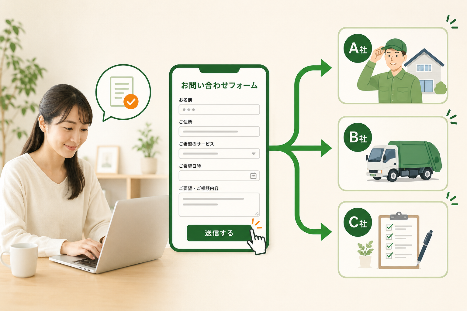 ゴミ屋敷お悩み相談所の一度のフォーム入力から最大3社へまとめて相談できる仕組みを示すイメージ