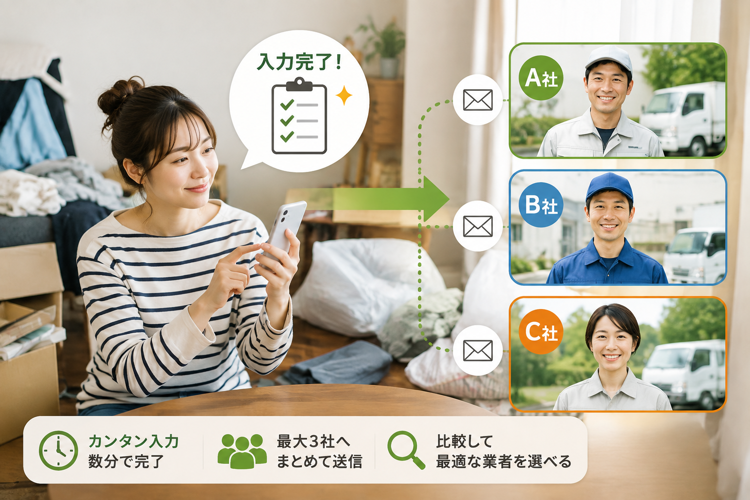 ゴミ屋敷お悩み相談所で一社ずつ業者を探して連絡する手間を減らせる仕組みのイメージ